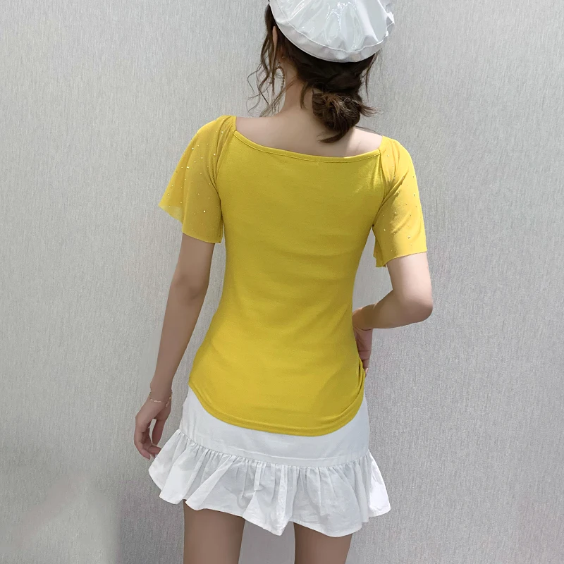 Slim Fit V-Ne ort Sve T-irt Women's Faionable Me Patchwork Diamond Studded Summer Top Korean Sle Commute Wear