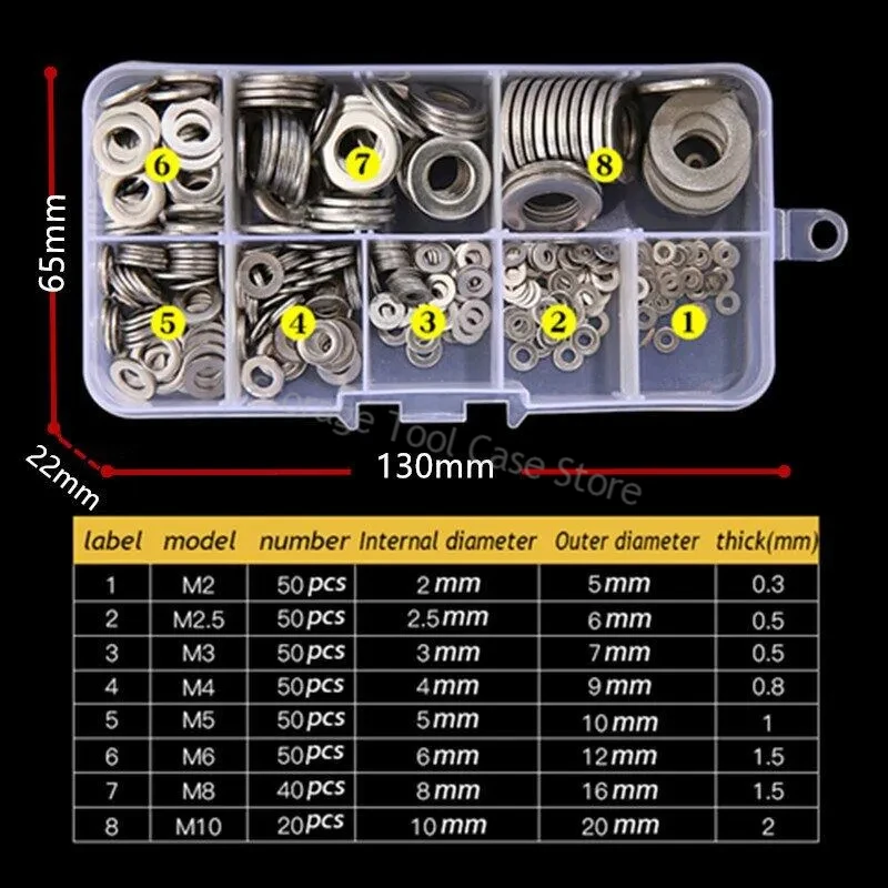 360Pcs Flat Washer M2 M2.5 M3 M4 M5 M6 M8 M10 304 Stainless Steel Ultra Thin Shim Plain Gasket Assortment Kit Set Metal Washer