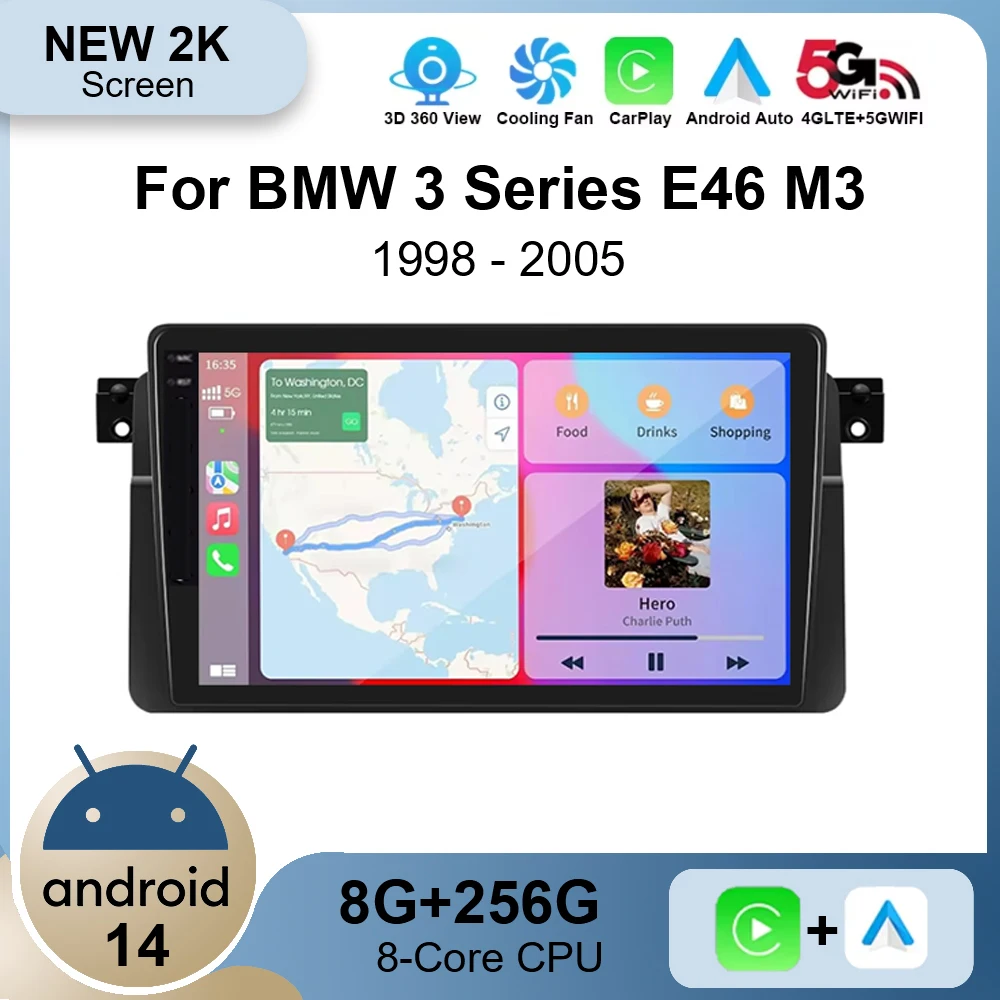 CarPlay 4G+WIFI AI Intelligent Systems Android 14 Car Radio Player for BMW 3 Series E46 M3 318 320 325 330 335 1998 - 2005 BT