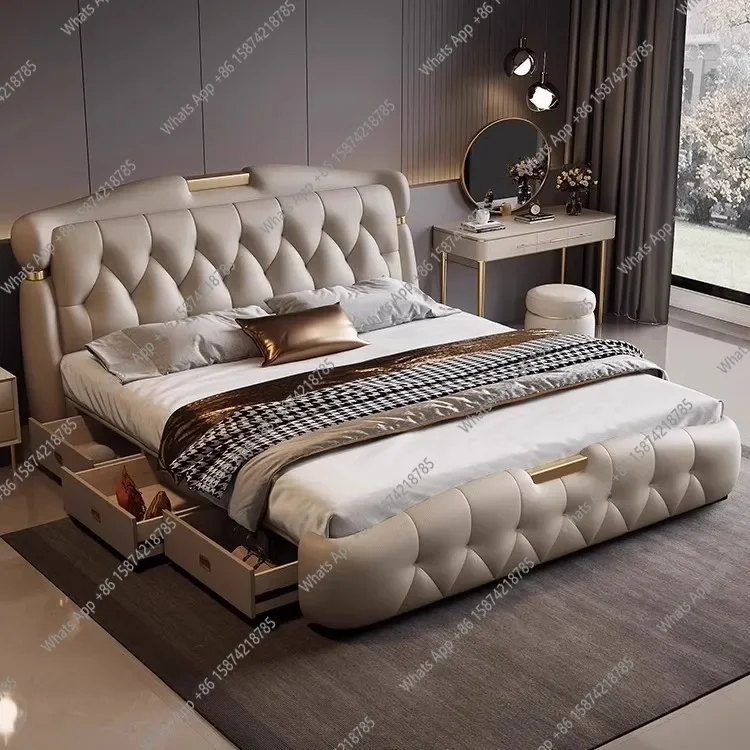 MX Italian Light Luxury Leather Bed Modern Simple Master Bedroom Big Bed High-end Storage Space Light Luxury Soft Rely