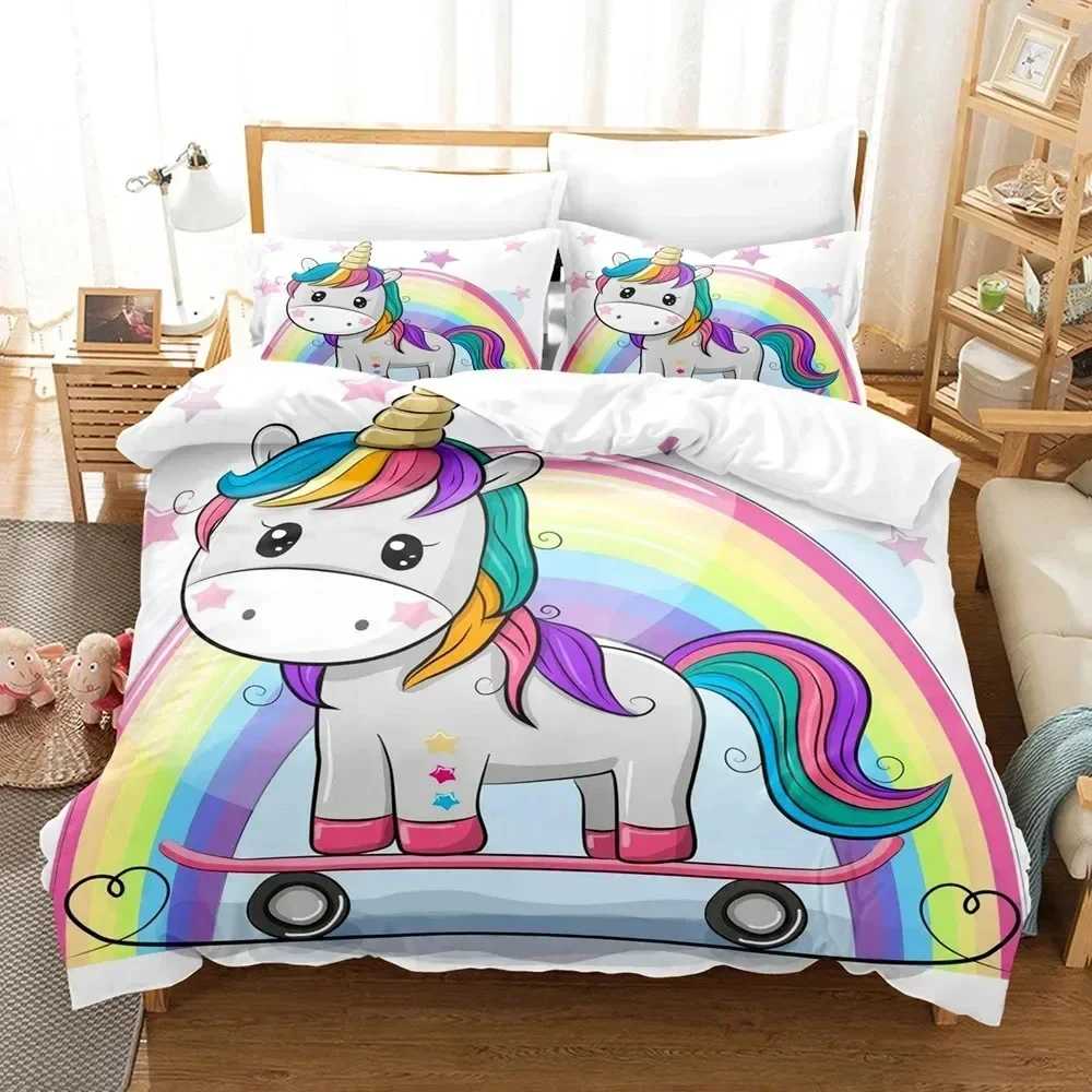 Cartoon Unicorn Duvet Cover Set KingQueen Size Cute Pink Blue Fairy Tale Animals Polyester Bedding Set for Girls Kids