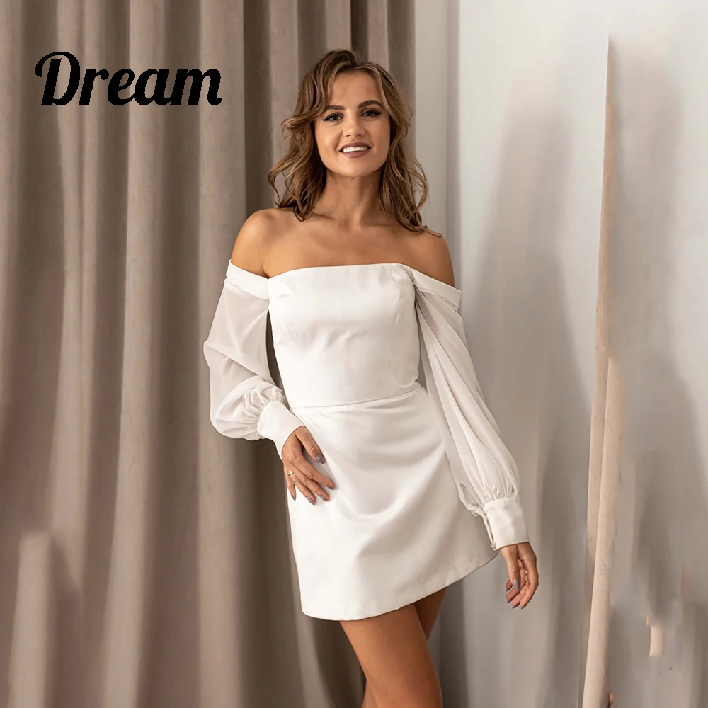 

DREAM Simple Off Shoulder Long Sleeves Mini Wedding Dresses Sexy Open Back Zipper A-Line Women Bridal Gowns Robe De Mariee