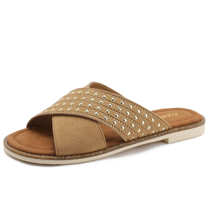 

Women Fashion Flat Sandals with Rhinestone Cross Strap Non Slip Beach Slippers for Vacation