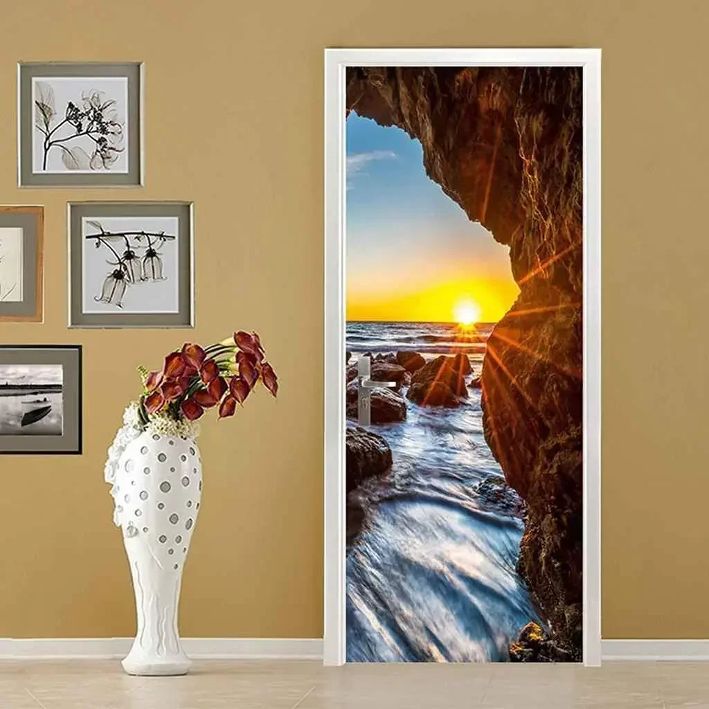 3d Waterfront Sunset Door Decal Ocean Landscape Decal Natural Ocean Landscape Mural Poster Wallpaper Family Bedroom Decoration