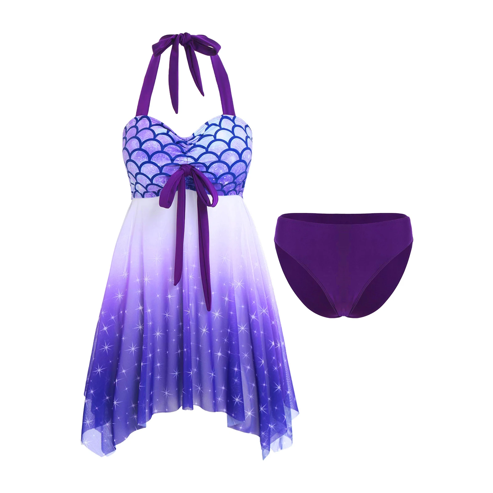 Zweiteiliger Badeanzug für Damen, Neckholder, ärmellos, gepolstert, durchsichtiges Badekleid mit Hose, Badeset, Fischschuppen-Druck, Meerjungfrau-Badeanzug