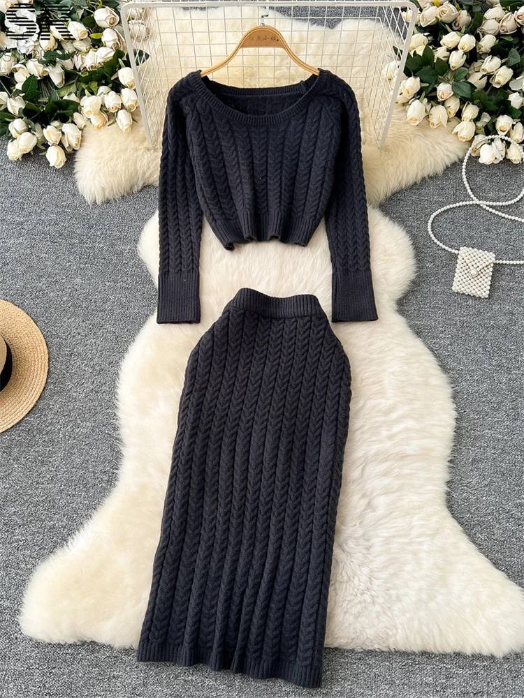 SINGREINY Winter Warm Knitting 2pcs Suits Women Long Sleeve O Neck Short Sweater+Elastic Waist Skirt Autumn Senior Sexy Sets