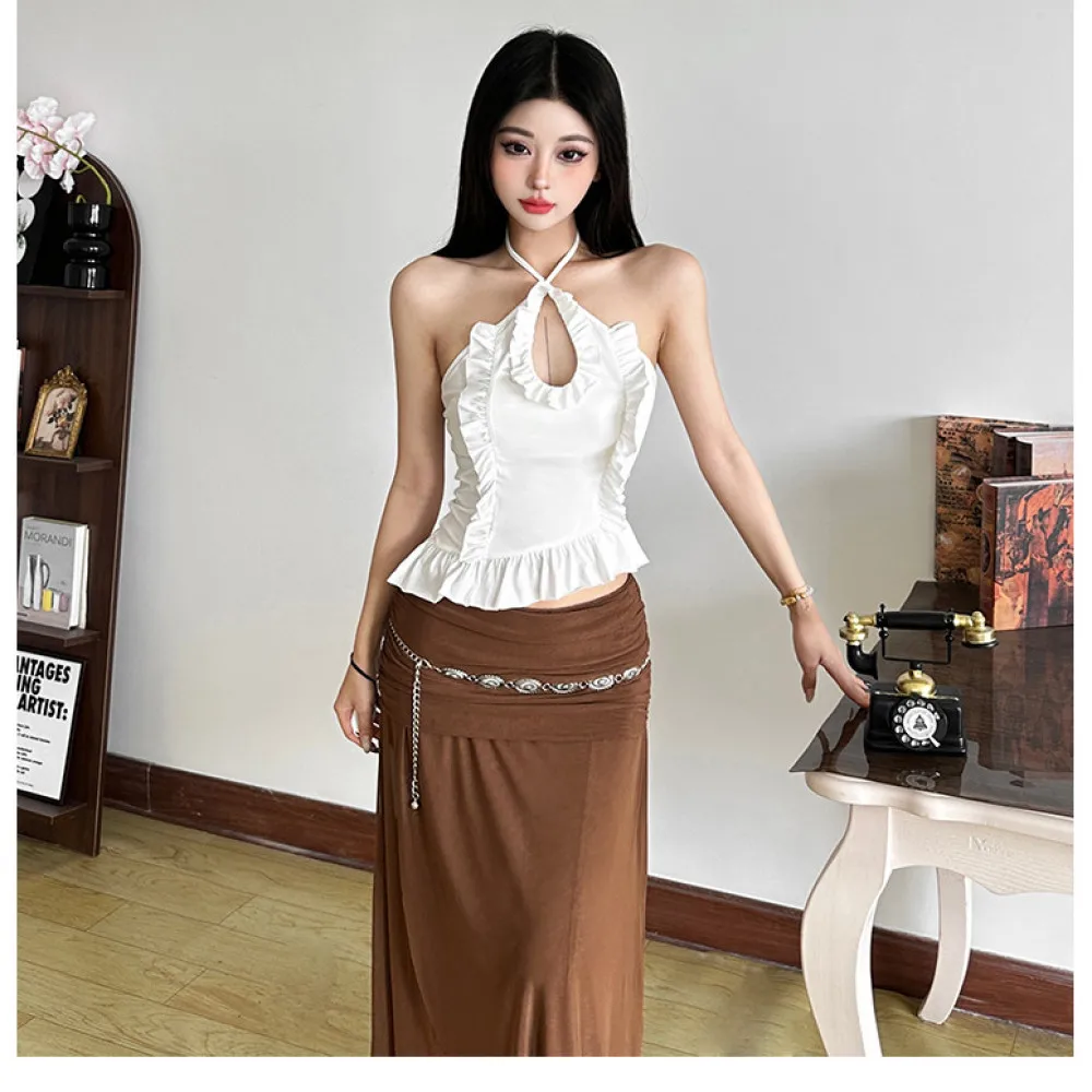 

SylCue Ruched Elegant 2 Piece Set Women Cross Halter Hollow Ruffles Irregular Hem Vests+Mesh Patchwork Long Skirt Matching Suits