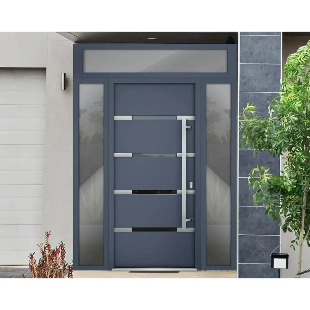 Front Exterior Prehung Steel Door 68x96(80" Door with 16"Top Light) Left-Hand Inswing/ 2 Side and Top Exterior Window