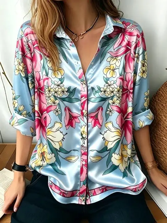Women Ethnic Floral & Geometric Printed Lapel Collar Long Sleeve Shirt Loose Button Down Casual Blouse Tops