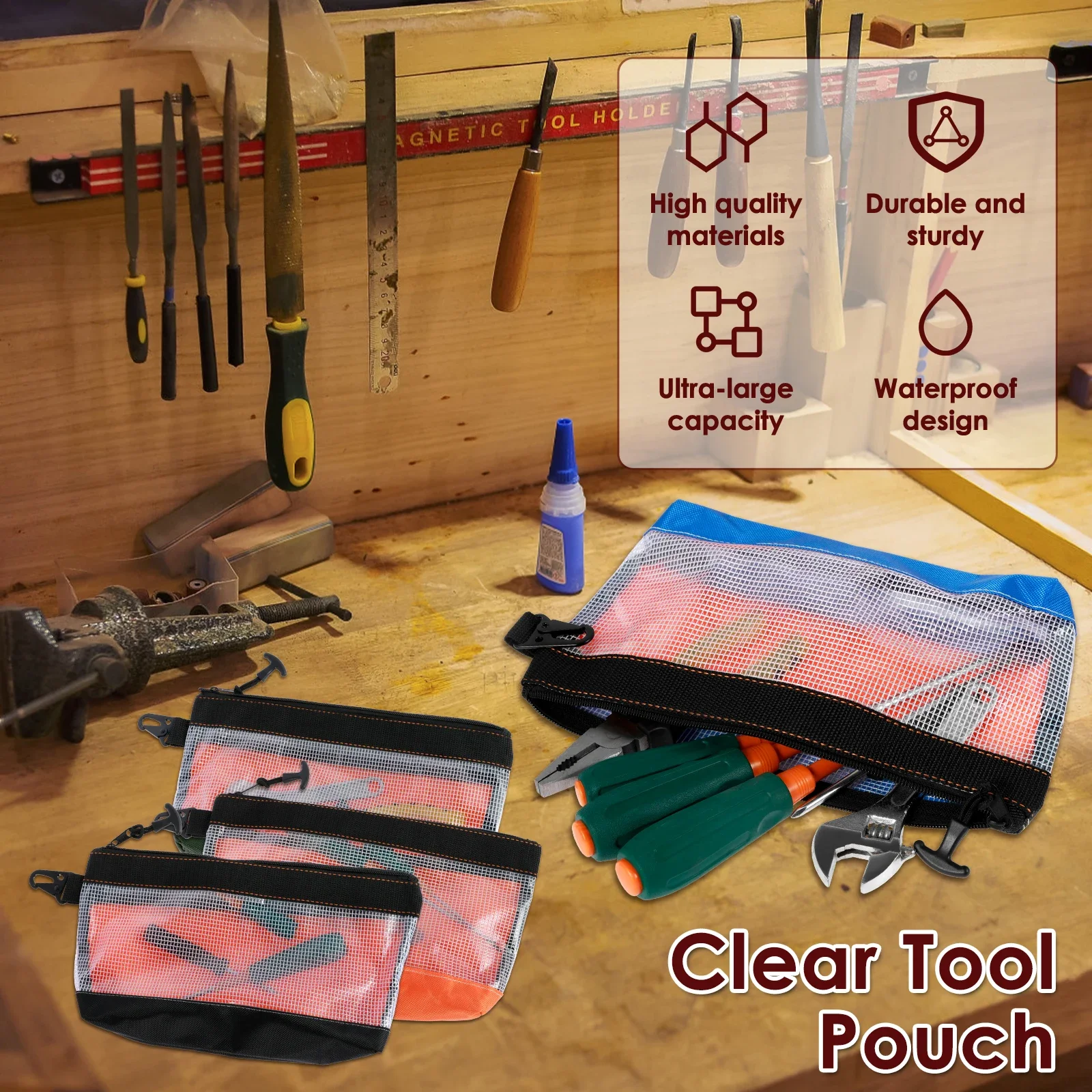 4Pcs Clear Tool Pouch Waterproof Oxford Cloth Small Tool Bag Anti-Static Tool Storage Organizer Durable Tool Pouch Bag Zipper