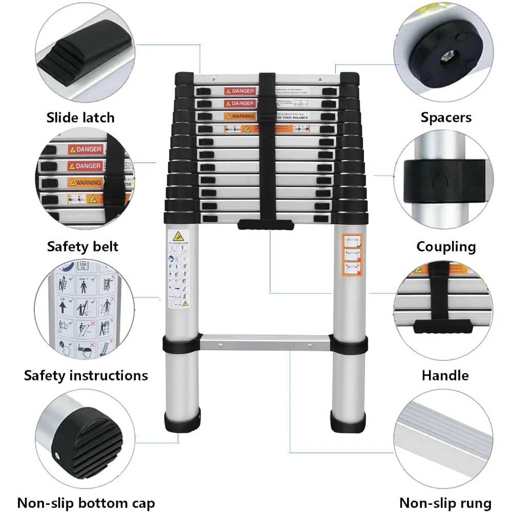 Collapsible 16-Foot Aluminum Extension Ladder for Attic Access, RV, Outdoor, and Home Use with 330lb Load Capacity