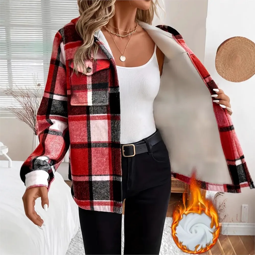 Autumn Winter Printed Plaid Long-sleeved Shirts Women Casual Velvet Warm Shirts Female Commuting Bottoming Thickened Shirt Coat