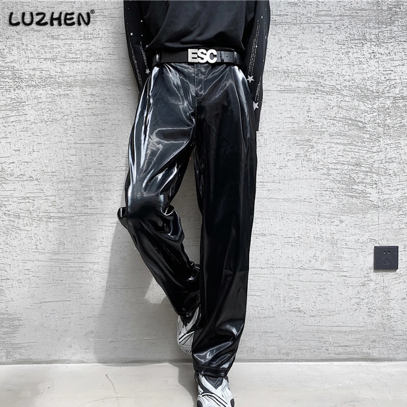 LUZHEN Trendy Elegant Men\'s Glossy Leather Straight Casual Pants High Quality Street Pu Stretch Trousers 2024 Stylish New 5fe326