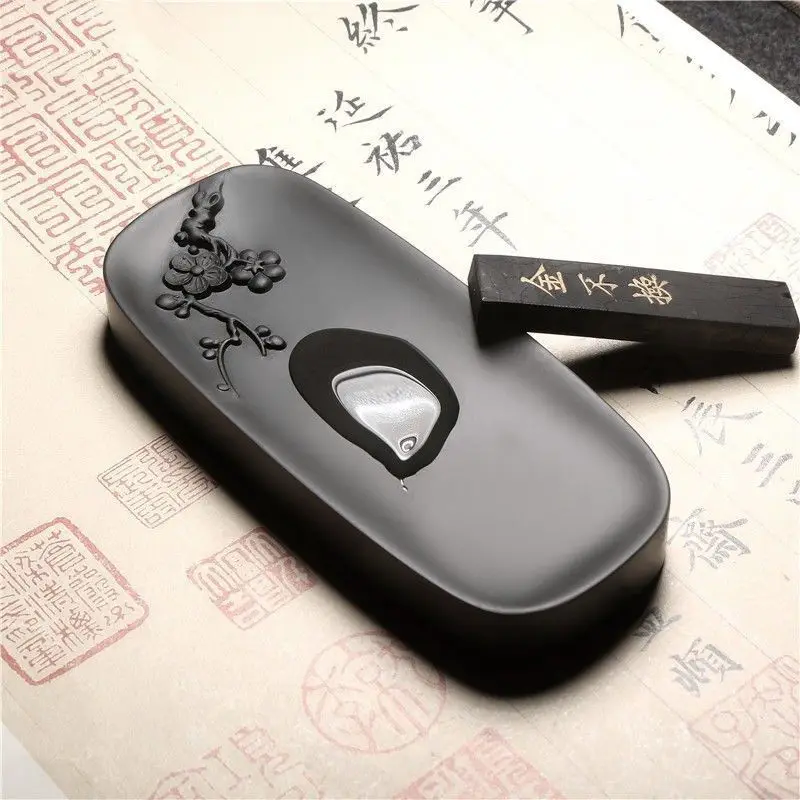HVV She Inkstone 'Cold Plum Proud in Snow' Natural Raw Stone Inkstone for Calligraphy and Painting, Subtle Plum Fragrance