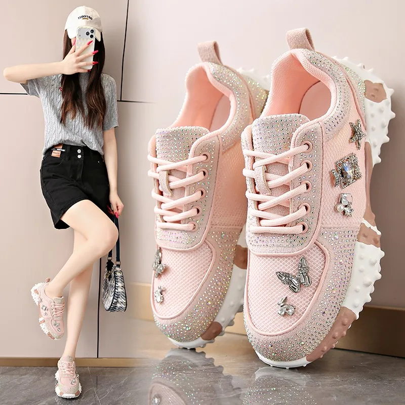 High-quality Appearance Level Platform Lace-up Crystal Fashion Versatile Comfortable Anti-slip Breathable Women's Single Shoes