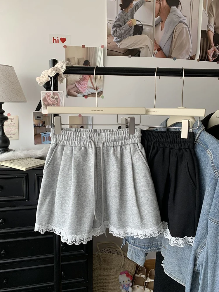 

Women's Korean Version Lace Edge Splicing Casual Pants Summer New Elastic High Waist Elasticity Versatile Wide Leg Short Pants