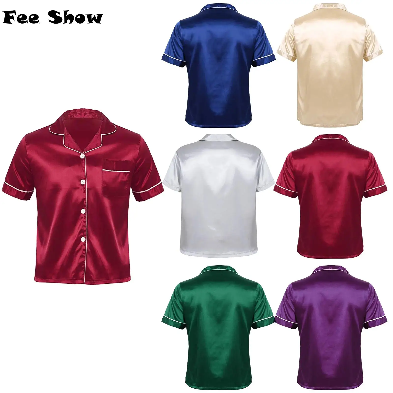 Mens Silky Satin Pajamas Tops Short Sleeve Notch Collar Button Down Shirts for Home Sleepwear Loungewear