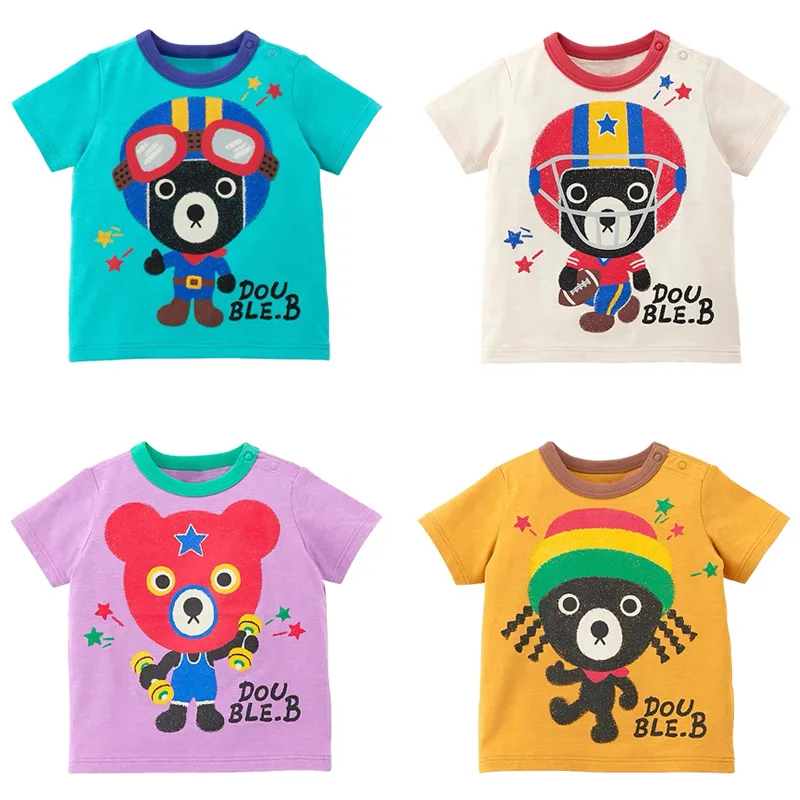 

2025 New Cute Cotton Children's Clothing Baby Summer New Handsome Cartoon Cute Explosive Head Black Bear Short Sleeve T-shirt