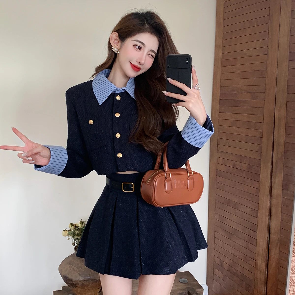 Women\'s 2023 Autumn and Winter New French Style Suit Jacket Skirt Set Casual Fashion Short Top Pleated Two-piece