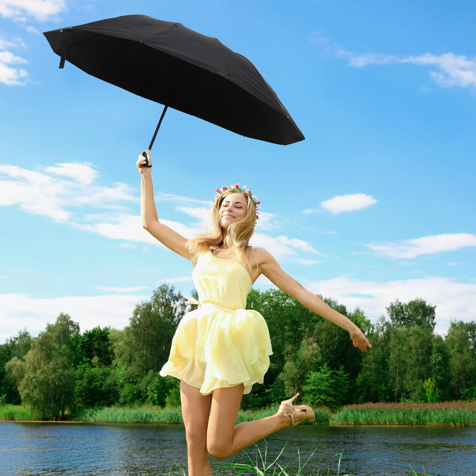 Black Extra Large Manual Folding Thickened Umbrella Windproof Travel Rainproof Heavy Duty Multi Person Outdoor Business Folding