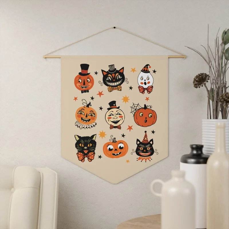 

Vintage Halloween Black Cat Pennant Banner Spooky Primitive Pumpkin Flag Retro Cute Folk Art Wall Hanging Halloween Decoration