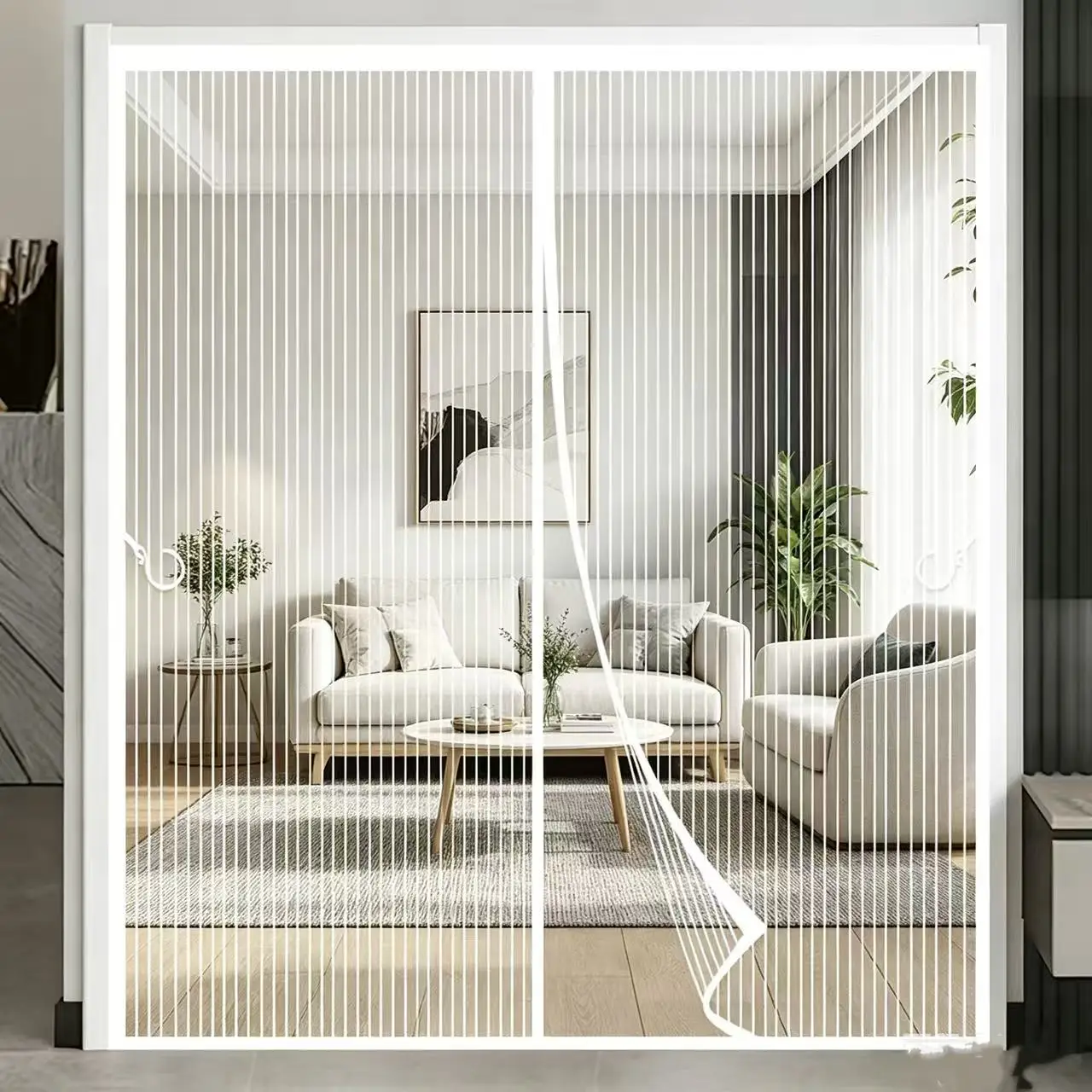 Summer White Magnetic Mesh Screen Door with Square Hole Pattern, Retractable No-Drill Installation for Home