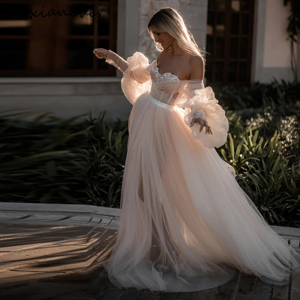 Maxianever Customized Boho Tulle Wedding Dresses Beadings Lace Appliques Sweetheart Puff Sleeves A-Line Beach Bridal Gowns 2027