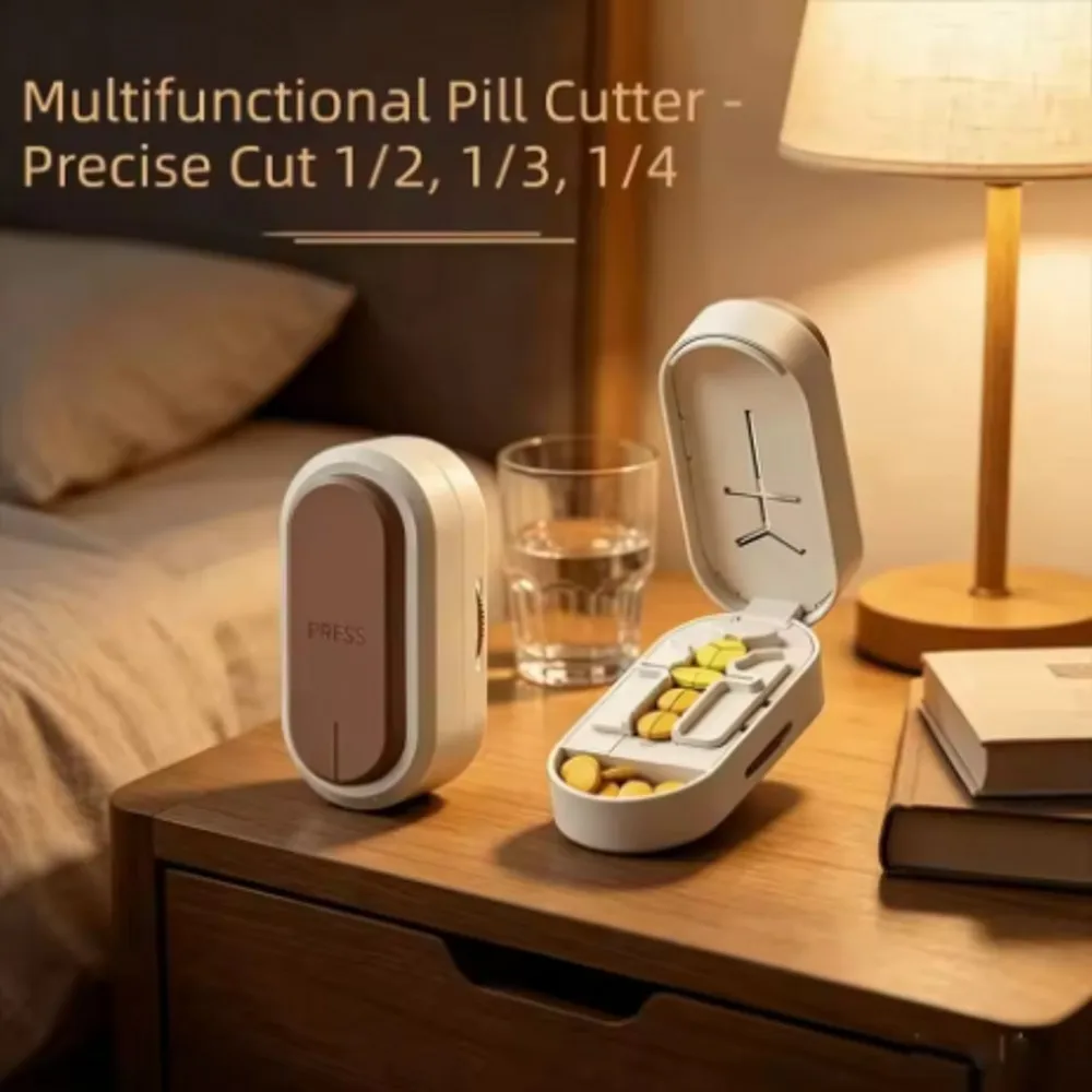 Portable Pill Cutter 1/2, 1/3, 1/4 Tablet Splitting Travel Medicine Container Alignment for Health Management With Storage