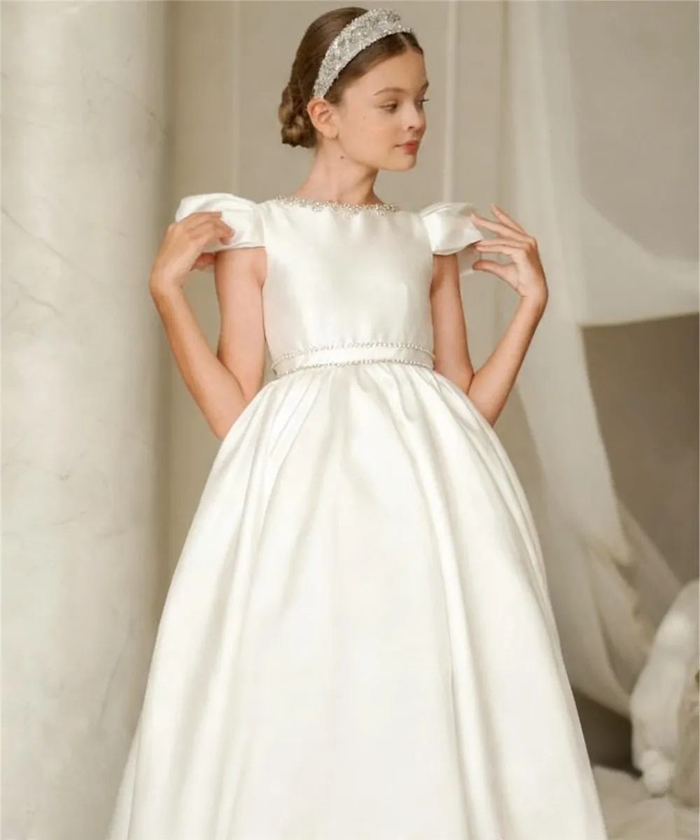 

Elegant Satin Flower Girl Wedding Dress Beaded Short Sleeves with Bow Princess Birthday Party Dress First Communion Gown
