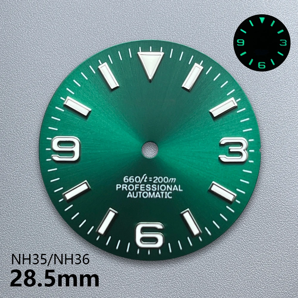 28.5mm S Logo Ex plorer Sunray Dial Suitable For NH35/NH36 Japanese Movement Green Luminous Watches Modification Accessories