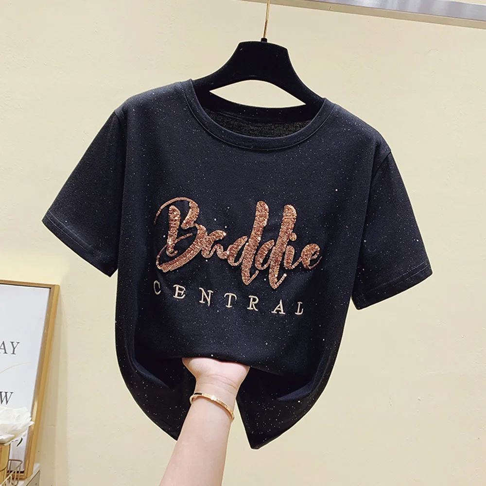Summer 2022 New sequins Letter Crystals Pure Cotton Loose Short Sleeve round Neck Bottoming T-shirt for Women S-4XL