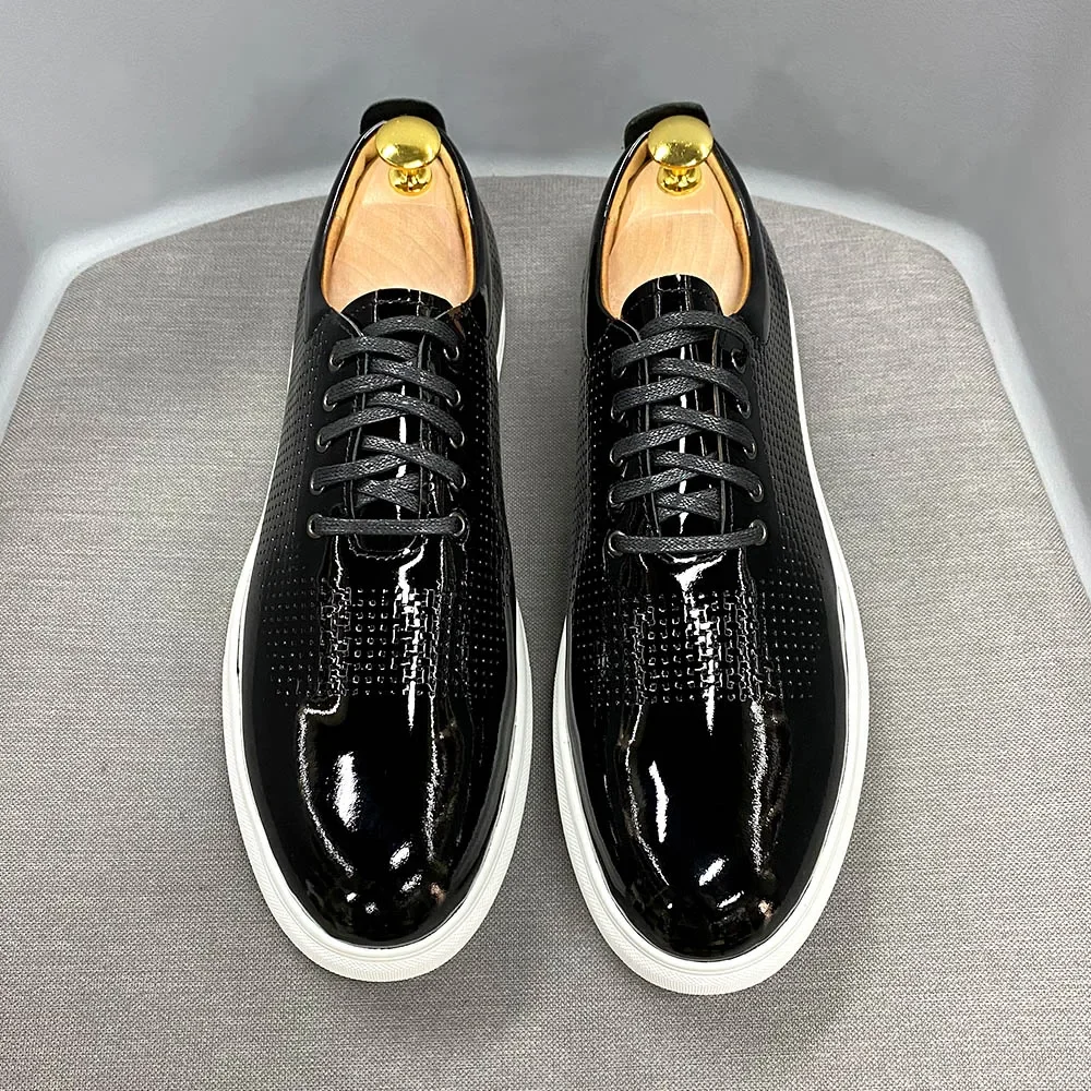 Luxury Men\'s Black Patent Leather Casual Shoes High Quality Lace-Up Italian Sneaker Design Brand Flats for Men