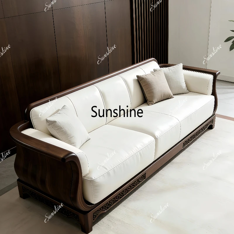 

New Chinese style, solid wood living room, medieval simple villa office hospitality straight row sofa