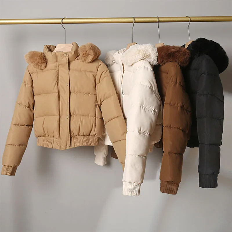 Short Down Cotton Parkas for Female Winter Thickend Fleece Keep Warm Parka Coat Woman Korean Fashion Fur Collar Hooded Jacket