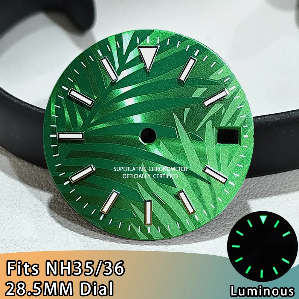 

NH35 Dial NH35 Leaf Pattern Watch Dial H35/NH36 Movement Green Luminous Dials 28.5MM NH35 Watch Dial Watches Accessories