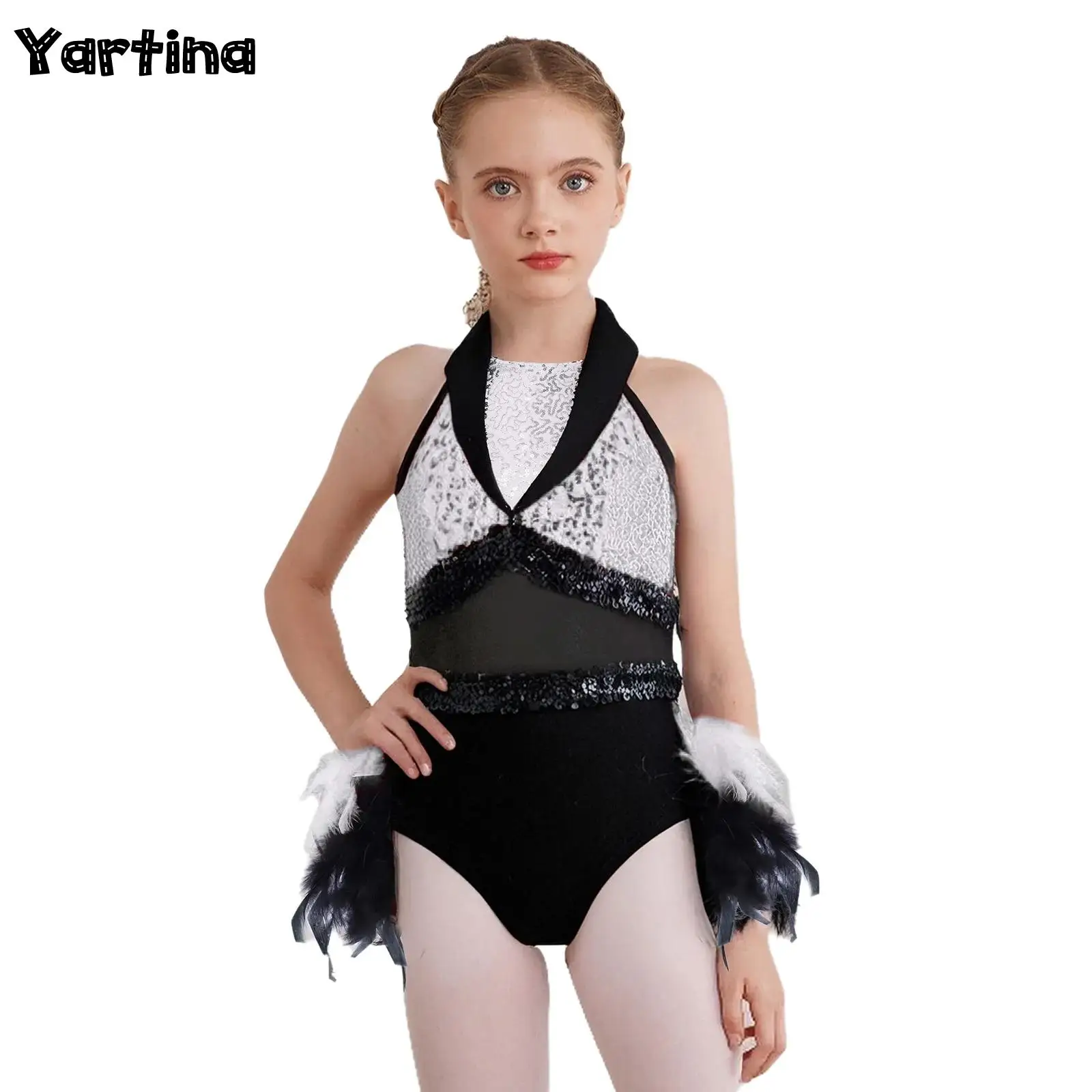 

Kids Girls Jazz Ballet Jersey Dance Dress Stage Performance Costume Sheer Mesh Shiny Sequins Feather Leotard Bodysuit Dancewear