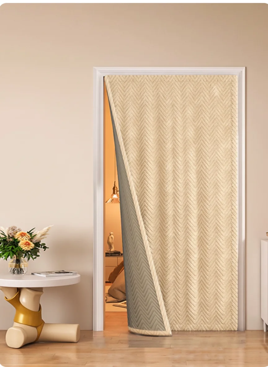 1Pcs Double-Sided Herringbone Pattern Insulated Door Curtain - Beige & Gray, Noise Reduction & Energy Saving for Home Decoration