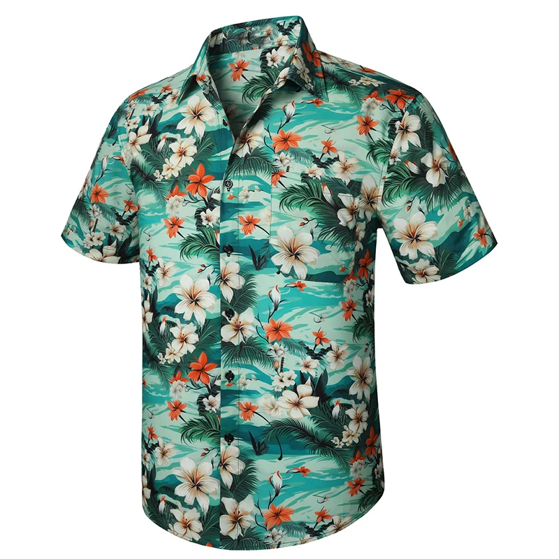 Camisa havaiana masculina de abotoar, manga curta, camisa floral casual masculina, férias na praia tropical, Aloha, verão