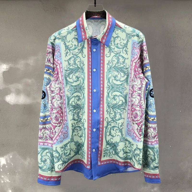 

Royal Fashion Purple Vintage Pattern Shirt Men Luxury Shirt High Quality Retro Contrasting Colors Beach Party Club Shirt Men