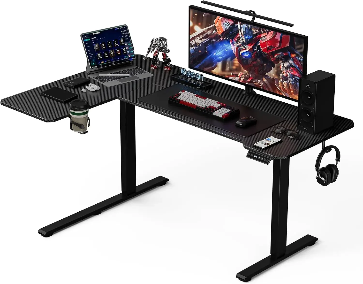 L Shaped Electric Standing Desk - 59x40 Inch Reversible Corner Sit Stand Desk with Hook&Cup Holder,Electric Height Adjustable