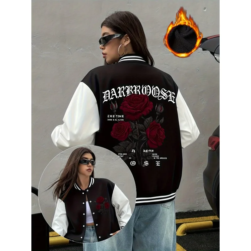 Women'S Fleece Baseball Jacket with Dark Rose Letter Pattern Print, Suitable for Casual Outdoor Sports Wear in Autumn And Winter