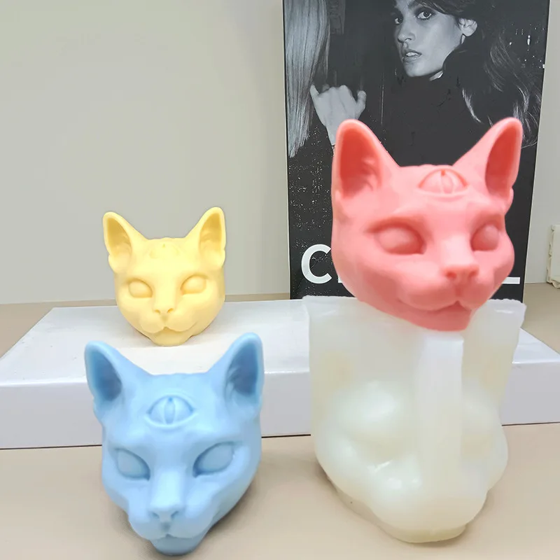 Große dreiäugige Katze Kopf Silikon Kerze Form 3D Tier Gips Harz Seife, Der Werkzeug Diy Eiswürfel Handwerk Form Hause Geschenk