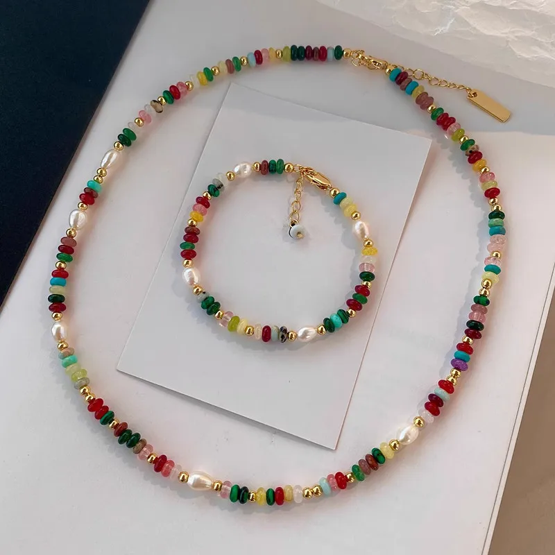 Colorful glazed dopamine beaded necklace for women, mixed color natural stone rice bead freshwater pearl, unique design choker