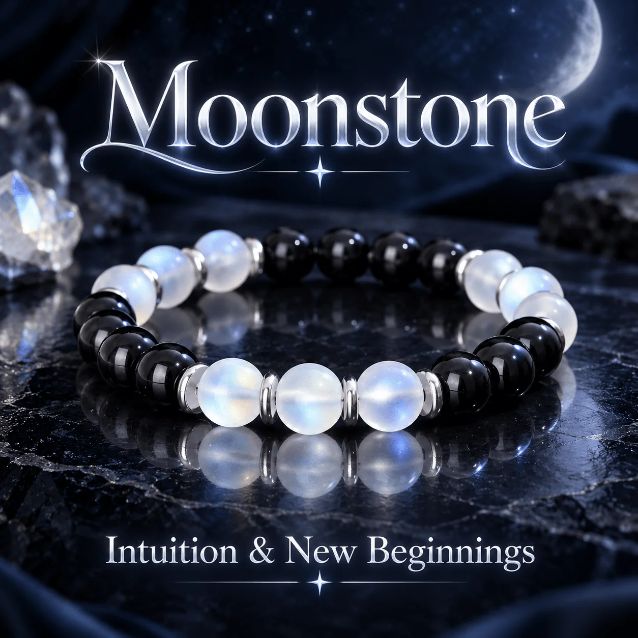 1pc Natural Moonstone Black Agate Round Bead Bead Bracelet, symbolizing intuition and a new beginning, unisex wrist accessory