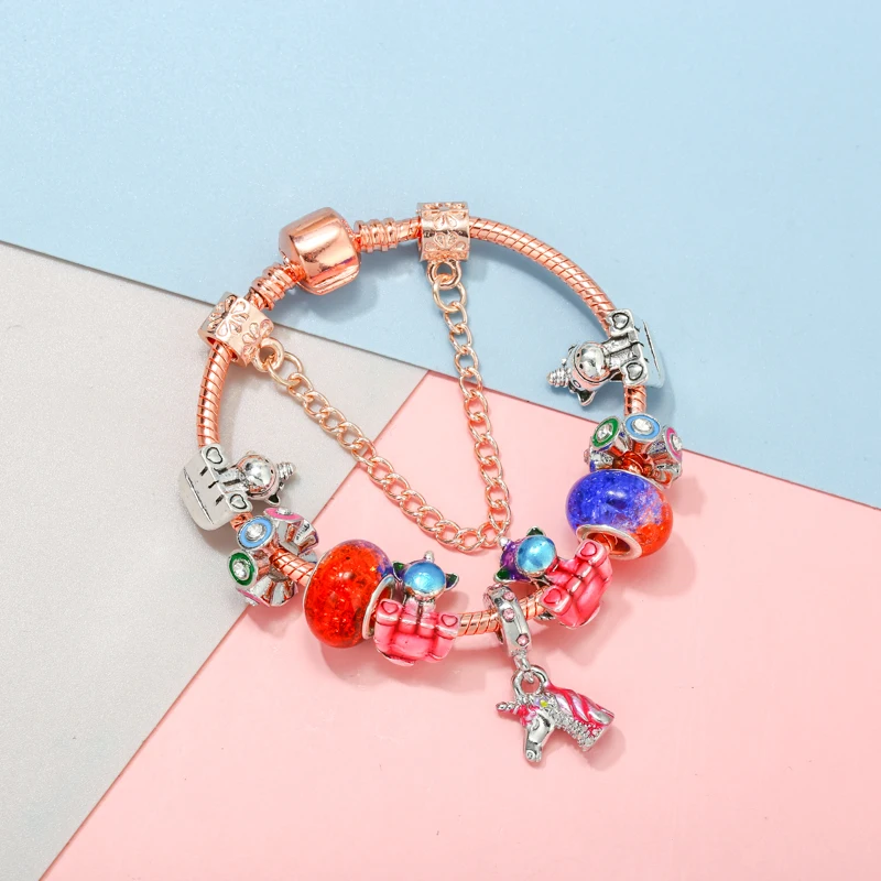 Colorful Enamel Unicorn Beads Pendant DIY Snake Chain Charm Bracelet For Women Party High Quality Jewelry Gifts Wholesale