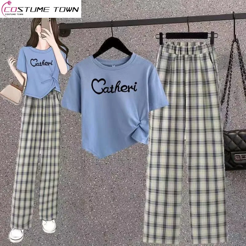 

Spring and Summer Fashion Age Reduction Women's Suit 2023 Korean Casual Short Top Plaid Wide Leg Pants Two-piece Set