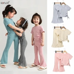 New Korean Short sleeved Set Summer Solid Color Pullover Top+Flare Pants Thin Casual Two Piece Set Suitable for Girls Aged 2-8