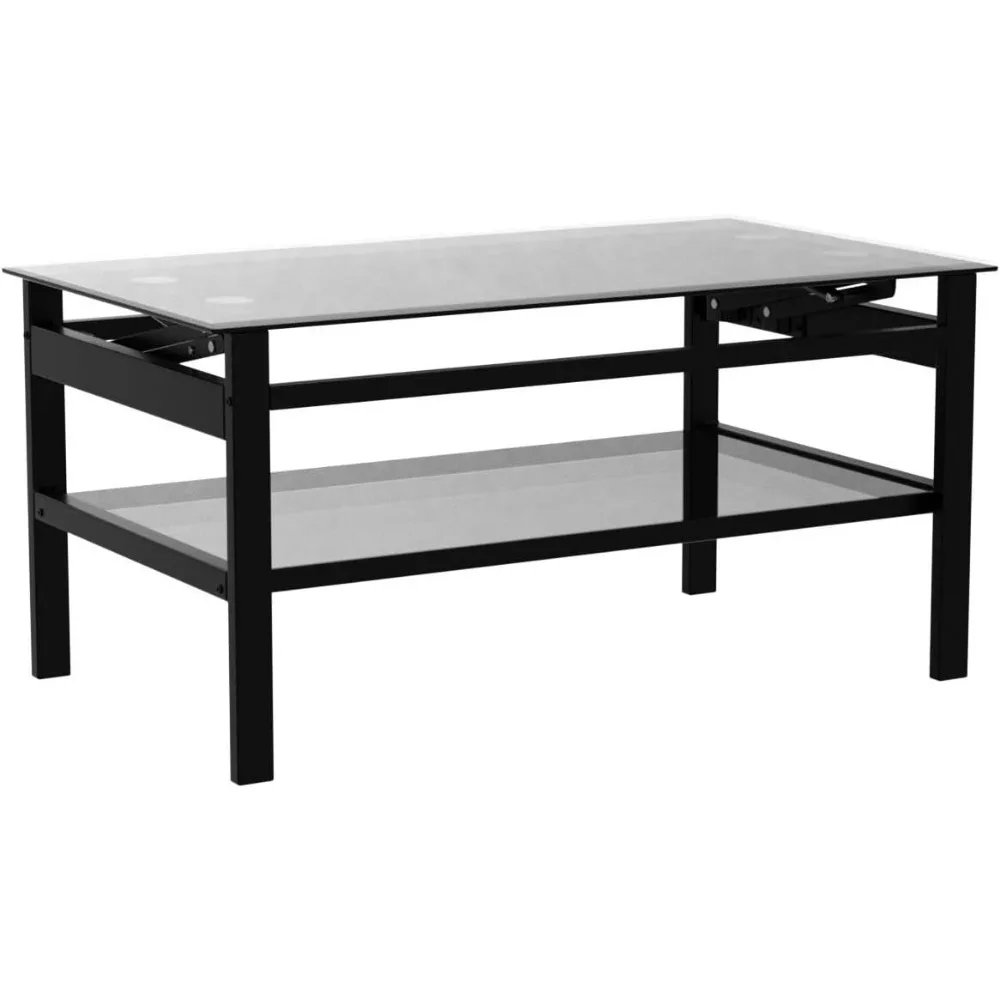 Lift Top Coffee Table with Storage Shelf, 2-Teir Open Storage Coffee Table Tempered Glass Rising Tabletop and Metal Frame