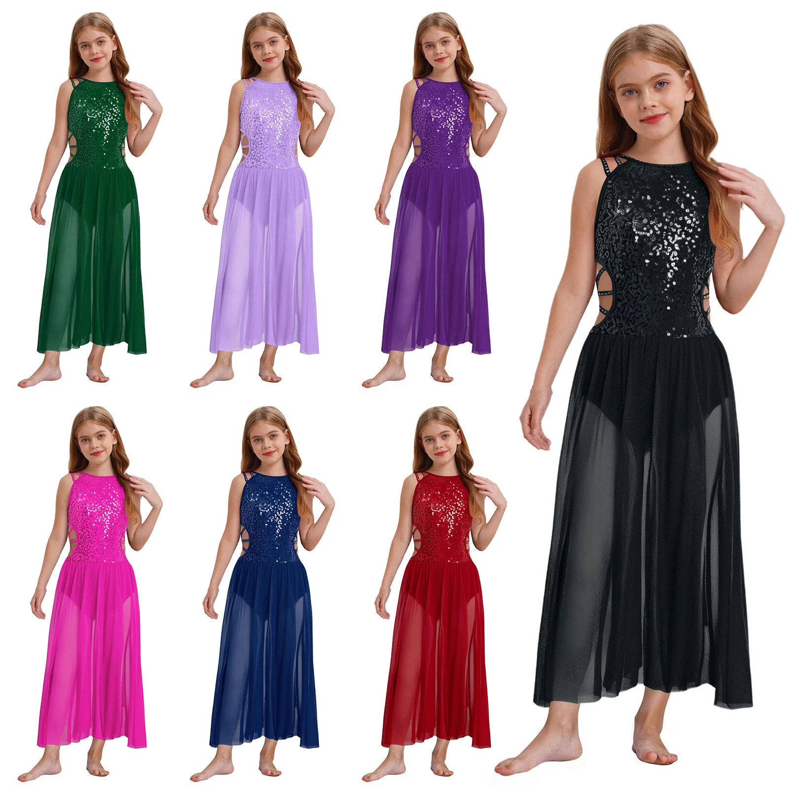 

Sleeveless Modern Lyrical Dance Maxi Dress Girls Kids Ballet Tutu Gymnastics Skirted Leotard Figure Skating Performance Costume