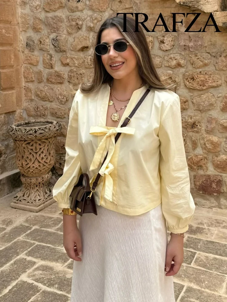 TRAFZA Dames Zomermode Blouses V-hals Strik Veters Poplin Kort Shirt Vrouwelijk Veelzijdig Chic Elegant Casual Vrouw Top